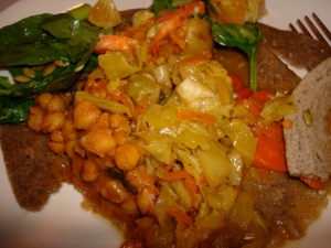Ethipian cabbage and chickpeas on homemade injera bread