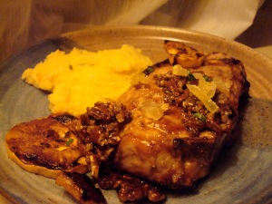 Restaurant-style pork chops with rosemary polenta and grilled quince.