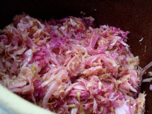 My kraut of red and mostly green cabbage.